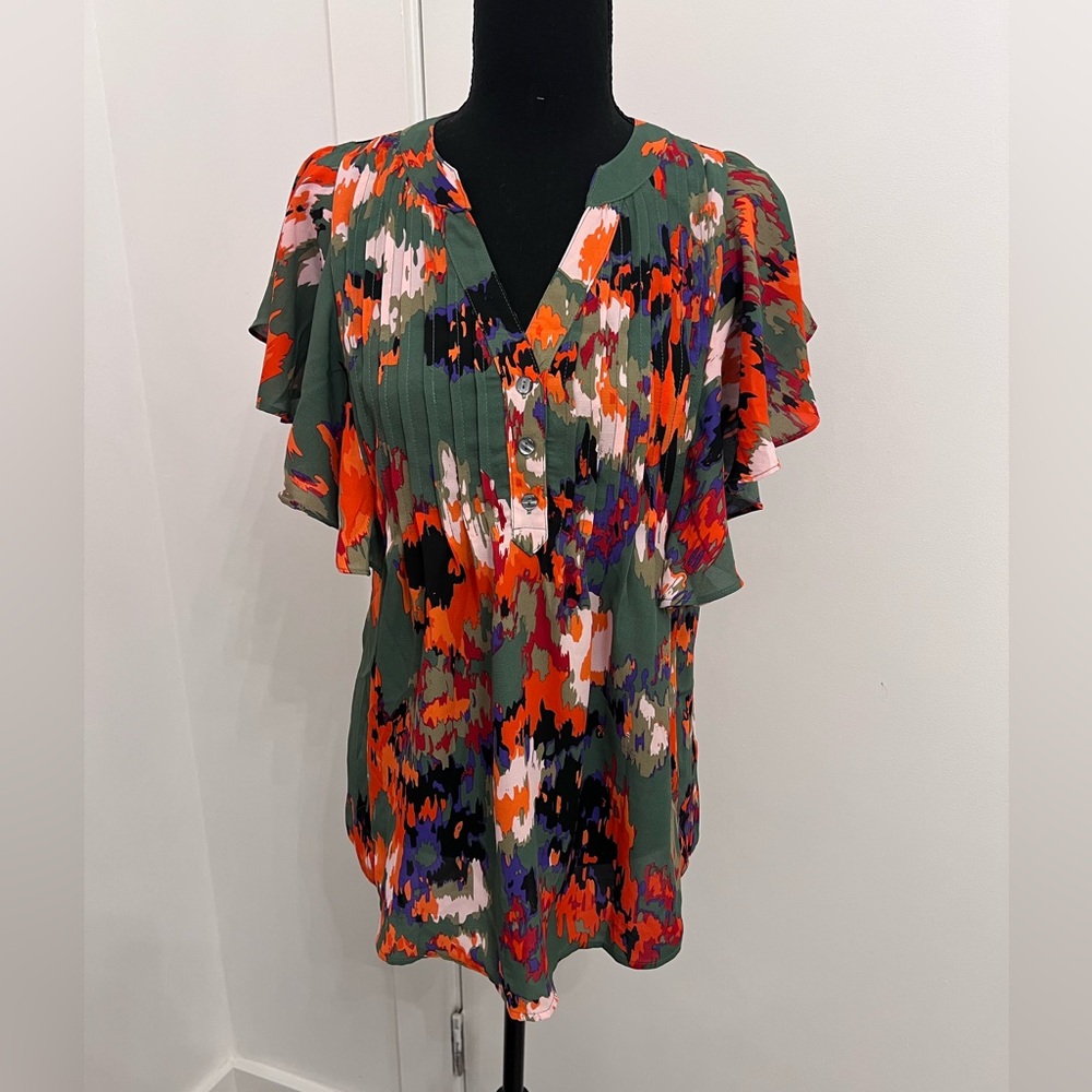 Vibrant Abstract Print Blouse with Ruffle Sleeves